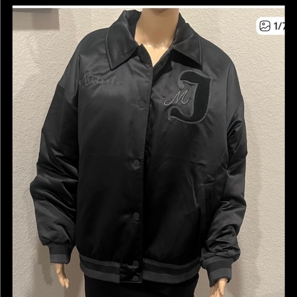 NWT Jordan Black Satin Varsity Jacket with Embroidered Letter